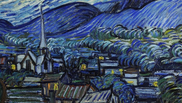 the village in the starry night painting by van gogh