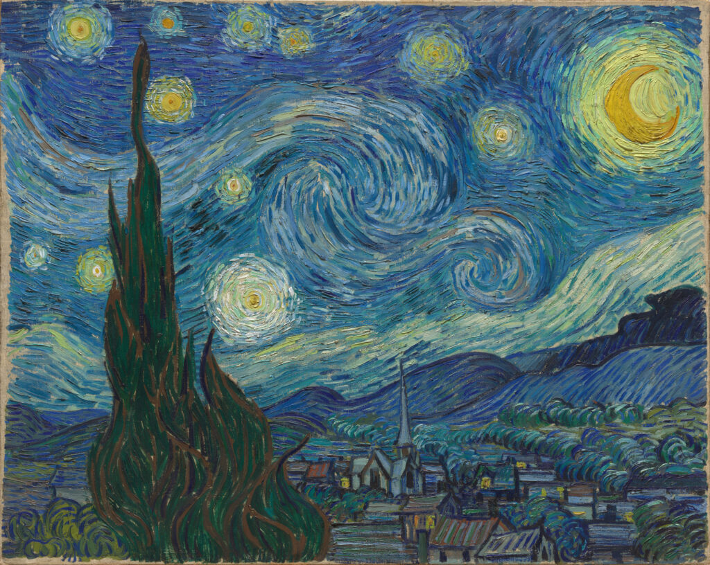 The Starry Night painting by Vincent van Gogh 1889 swirling night sky over village